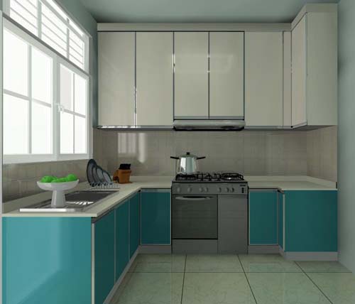 L-Shaped Kitchen Cabinet with the colour of blue and white