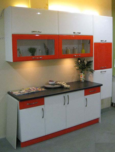 Dry Kitchen - White and Orange One Wall Kitchen Layout