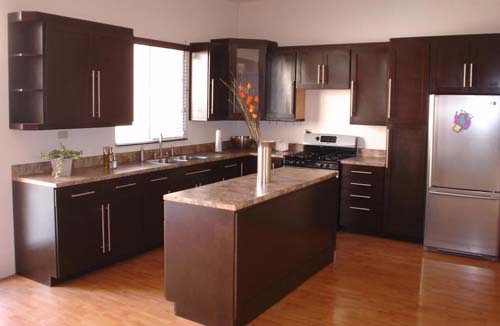 I-Shaped Kitchen Layout with Island, Brown Colour Kitchen Cabinet