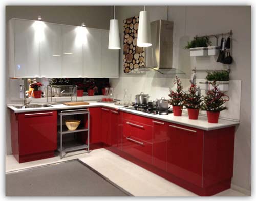 Kitchen Cabinet with Red and White Colour